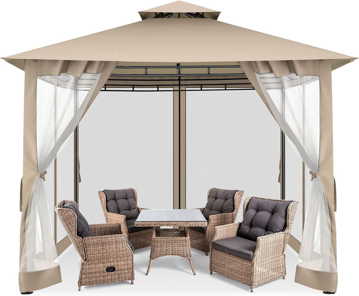 COBIZI Outdoor Gazebo,10'x10'Canopy with Mosquito Netting,Shade Tent for Party, Backyard, Patio Lawn & Garden,Khaki