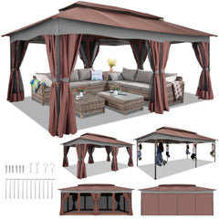 Hoteel 12'x20' Heavy Duty Canopy Gazebo, Home Outdoor Waterproof Large Party Tent & Shelter with Double Roofs, Mosquito Nettings and Privacy Screens for Backyard, Garden, Lawn, Smoke, Brown