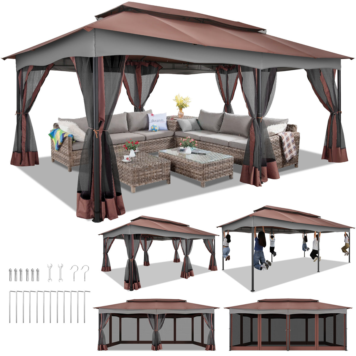 Hoteel 10x10 Gazebos for Patios, Canopy Tent Outdoor Gazebo Backyard Gazebo Patio with Mosquito Netting and Double Roof for Party, Wedding, BBQ and Event, Black