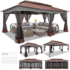 Hoteel 10x10 Gazebos for Patios, Canopy Tent Outdoor Gazebo Backyard Gazebo Patio with Mosquito Netting and Double Roof for Party, Wedding, BBQ and Event, Black