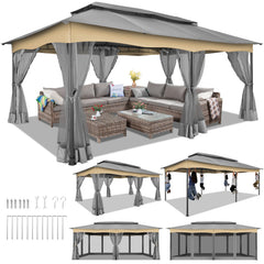 Hoteel 10x10 Gazebos for Patios, Canopy Tent Outdoor Gazebo Backyard Gazebo Patio with Mosquito Netting and Double Roof for Party, Wedding, BBQ and Event, Black