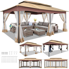 Hoteel 10x10 Gazebos for Patios, Canopy Tent Outdoor Gazebo Backyard Gazebo Patio with Mosquito Netting and Double Roof for Party, Wedding, BBQ and Event, Black