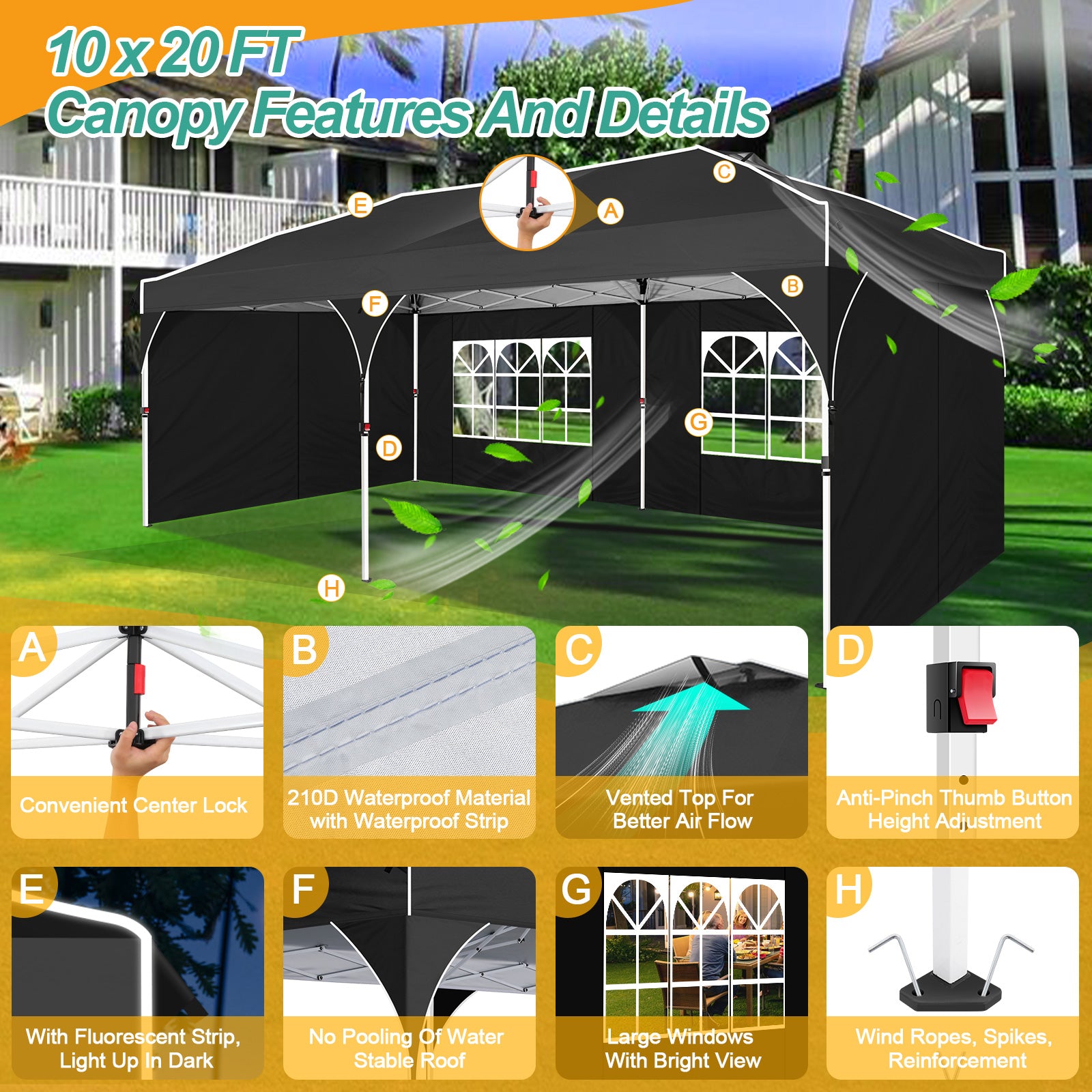Cobizi 10'x20' Instant Pop Up Canopy With One Push Central Button Air Vent & Reflective Strip SPC142