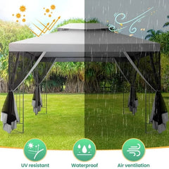 COBIZI 10' x 13' Pop Up Gazebo, Outdoor Steel Double Roof Canopy, Metal Frame Pavilion with Mosquito Netting, Sunshade for Garden, Patio, Lawns, Gray