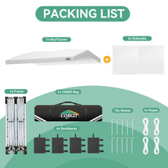 COBIZI 10x20 Pop Up Canopy-Easy Up Carport Canopy with One Push Setup-Outdoor Sun Shade&Waterppof Tent for Parties, Camping, Events-with 2 Sidewalls,Portable Bag,4 Weight Bags,4 Ropes&10 Stakes