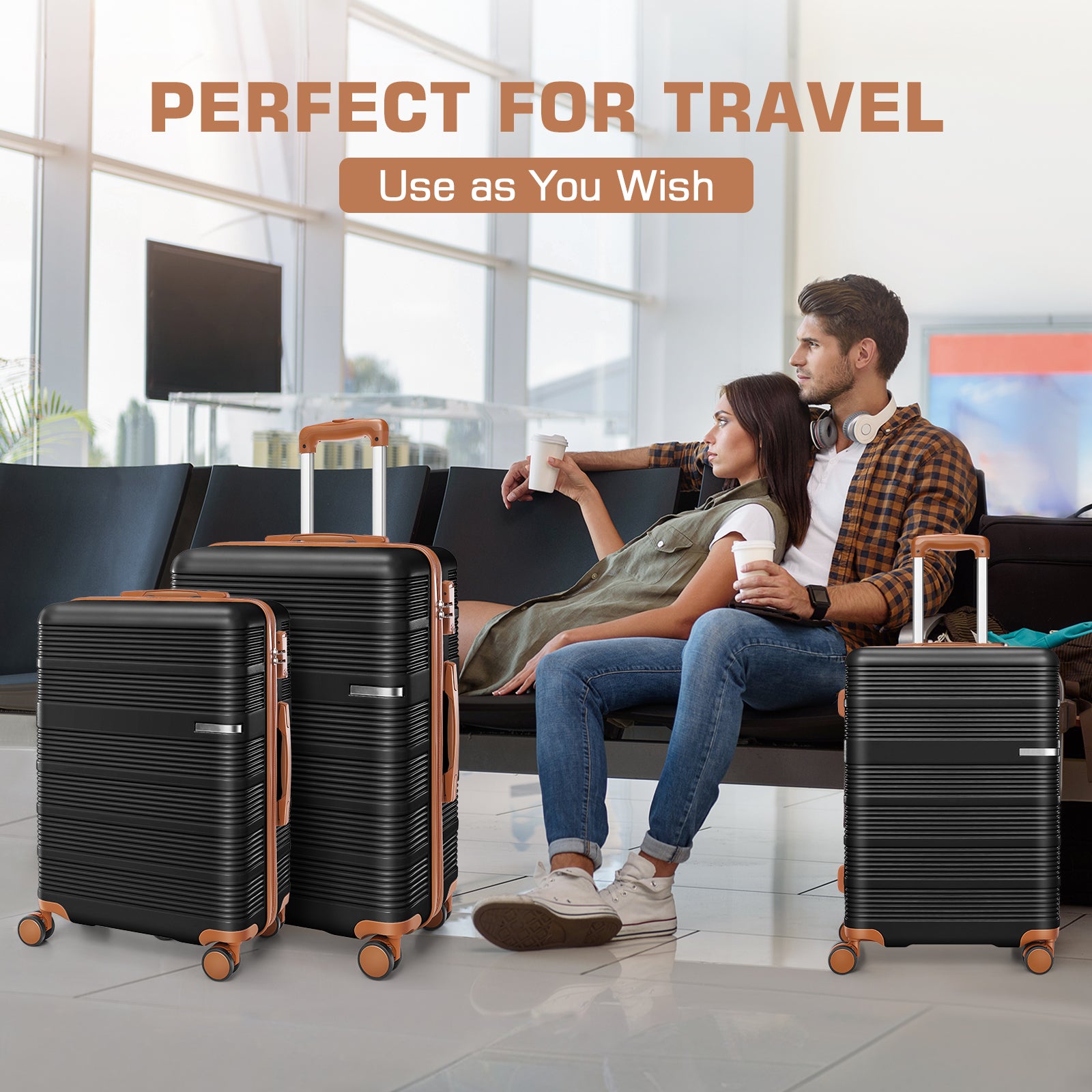 HOTEEL Luggage 3 Piece Set, Suitcase Set with Spinner Wheels & TSA Lock Hardside Lightweight Luggage Set 20in+24in+28in, Black