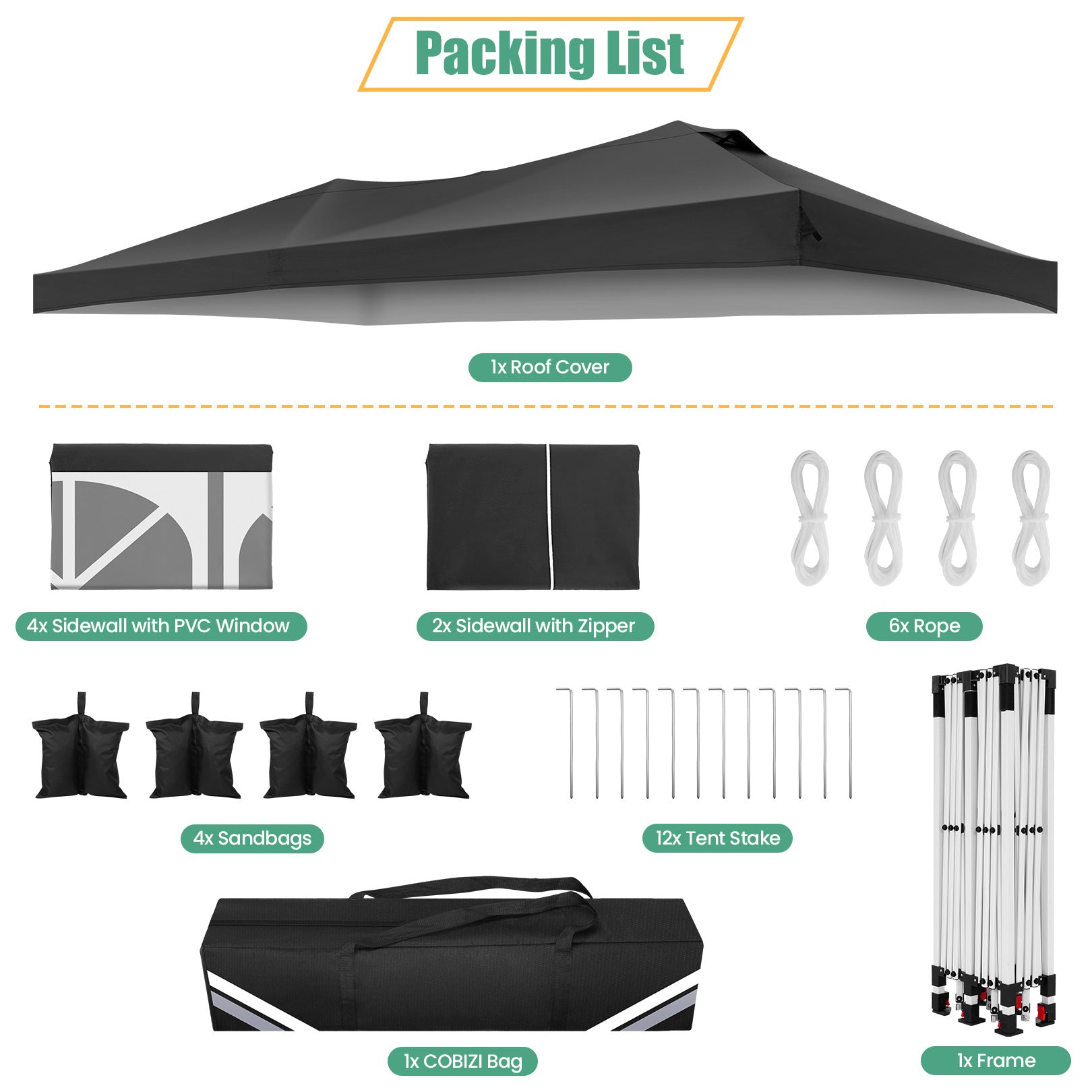COBIZI 10'x20' pop-up patio umbrella with side walls, waterproof canopy tent with reinforced poles, easy to set up, includes sandbags SPC000241