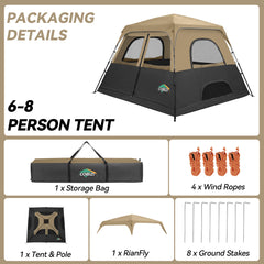 6-8 Person Camping Tent, Easy Setup Waterproof Windproof Backpacking Tent with Removable Rainfly, Lightweight Portable Outdoor Family Tents for Camping, Travel, Fishing, Hiking