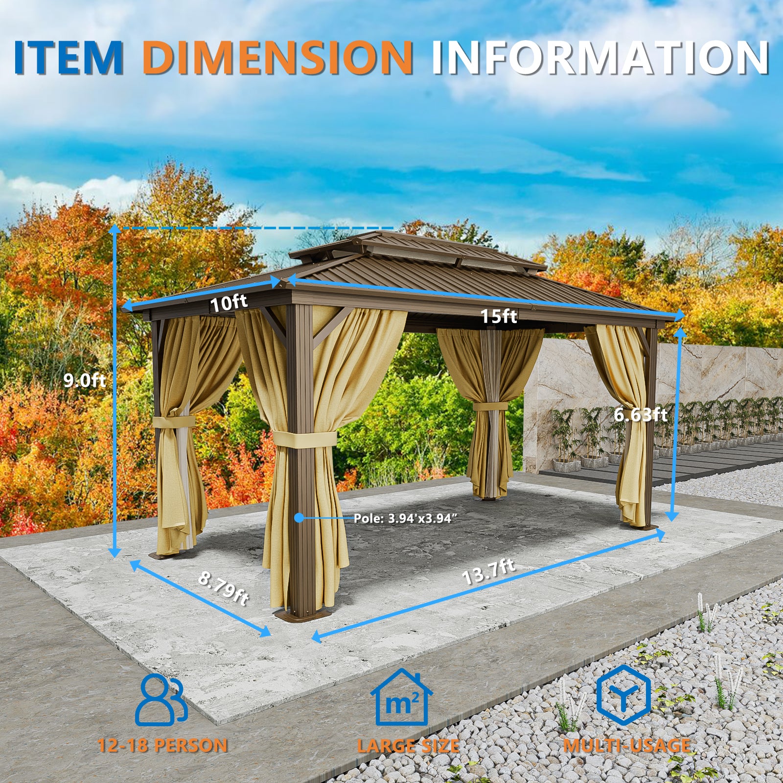 COBIZI 10'x15' Hardtop Gazebo with Heavy Duty Galvanized Steel Metal Roof, Patio Hard Top Gazebo with Curtains & Netting, Brown SPC000274