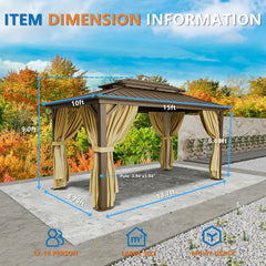 COBIZI 10'x15' Hardtop Gazebo with Heavy Duty Galvanized Steel Metal Roof, Patio Hard Top Gazebo with Curtains & Netting, Brown SPC000274