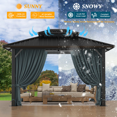 Hoteel 10' x 12' Hardtop Gazebo Heavy Duty Outdoor Gazebo with Galvanized Steel Double Roof, Flame-Retardant Curtains and Netting, Permanent Gazebo for Patio, Lawn and Backyard, Black