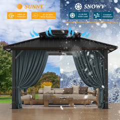 Hoteel 10' x 12' Hardtop Gazebo Heavy Duty Outdoor Gazebo with Galvanized Steel Double Roof, Flame-Retardant Curtains and Netting, Permanent Gazebo for Patio, Lawn and Backyard, Black