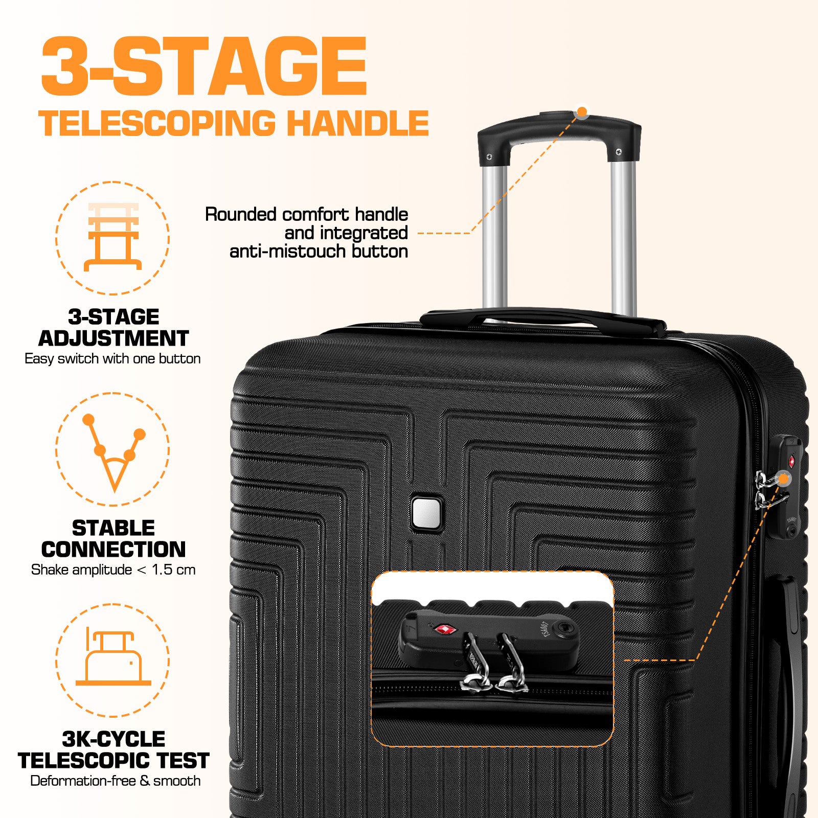 HOTEEL Luggage 3 Piece Set, Suitcase Set with Spinner Wheels & TSA Lock, 20 in Hardside Lightweight Luggage Set with duffel bag & toiletry bag, Black