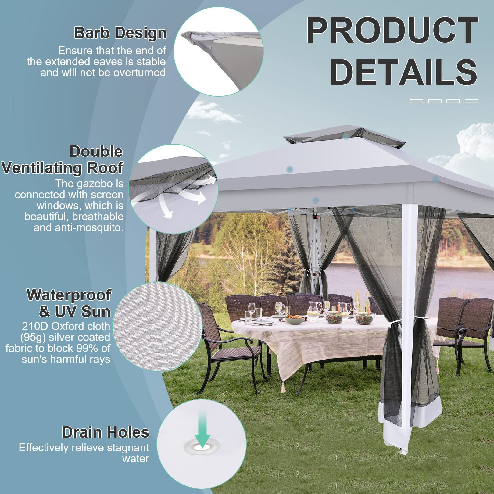 COBIZI 12'x12' Gazebo Tent Outdoor Pop up Gazebo Canopy Shelter with Mosquito Netting, Gray