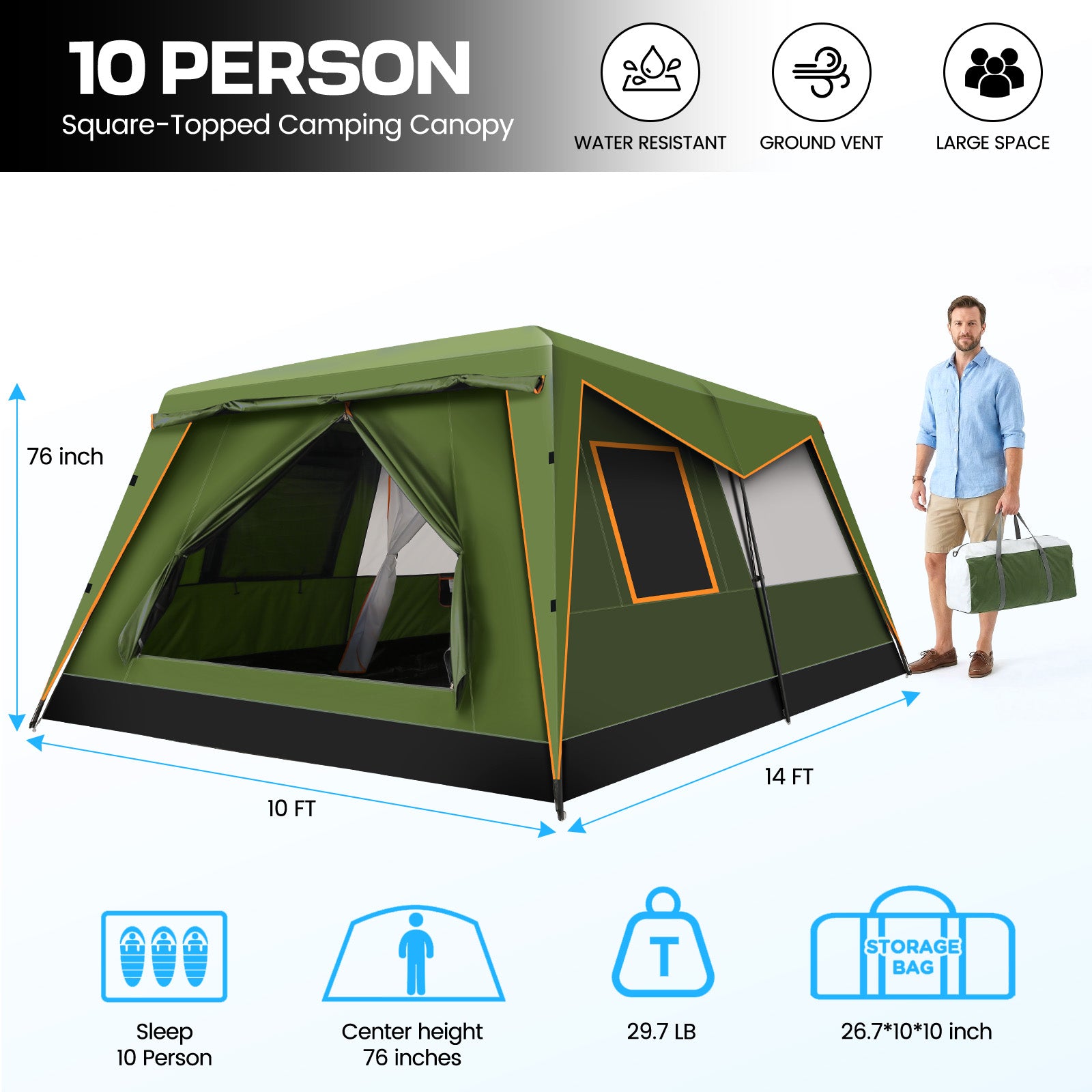 HOTEEL 10 Person Camping Tent Family Tents, Instant Cabin Tents, Family Cabin Multi Room Pop Up Tents Car Camping for Parties, Music Festival Tent, Big, Easy Up, Included Storage Pockets