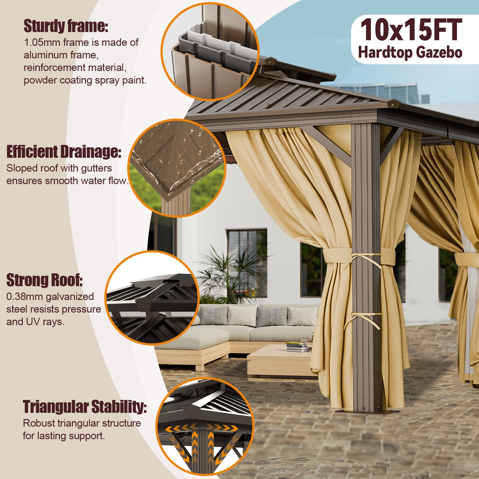 COBIZI 10'x15'  Heavy Duty Hard Top Gazebo with Curtains & Netting, Brown SPC274