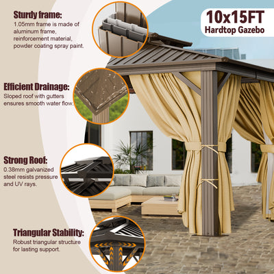 COBIZI 10'x15'  Heavy Duty Hard Top Gazebo with Curtains & Netting, Brown SPC274