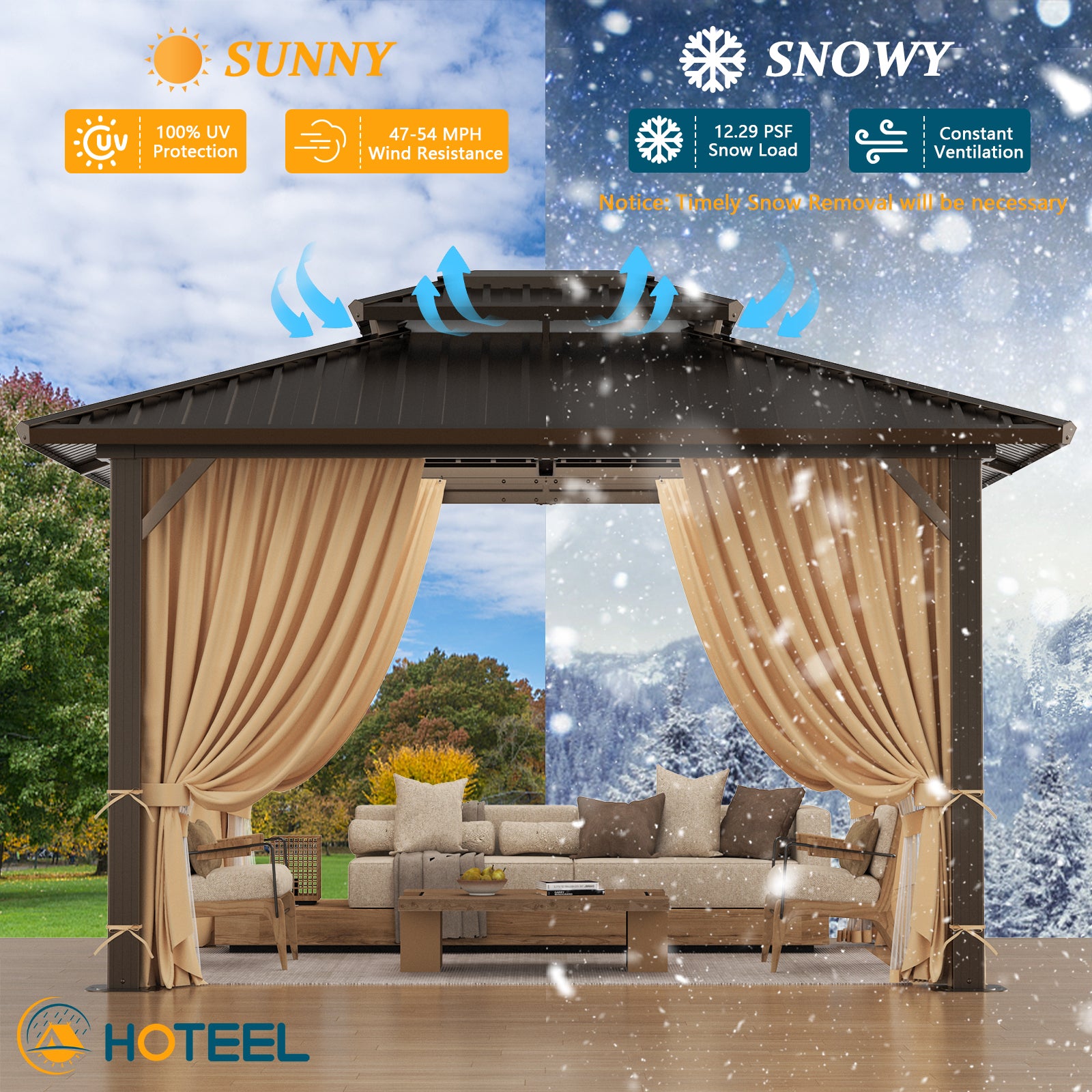 HOTEEL 10' X 12' Hardtop Gazebo Heavy Duty Outdoor Gazebo with Galvanized Steel Double Roof, Flame-Retardant Curtains and Netting, Permanent Gazebo for Patio, Lawn and Backyard, Brown
