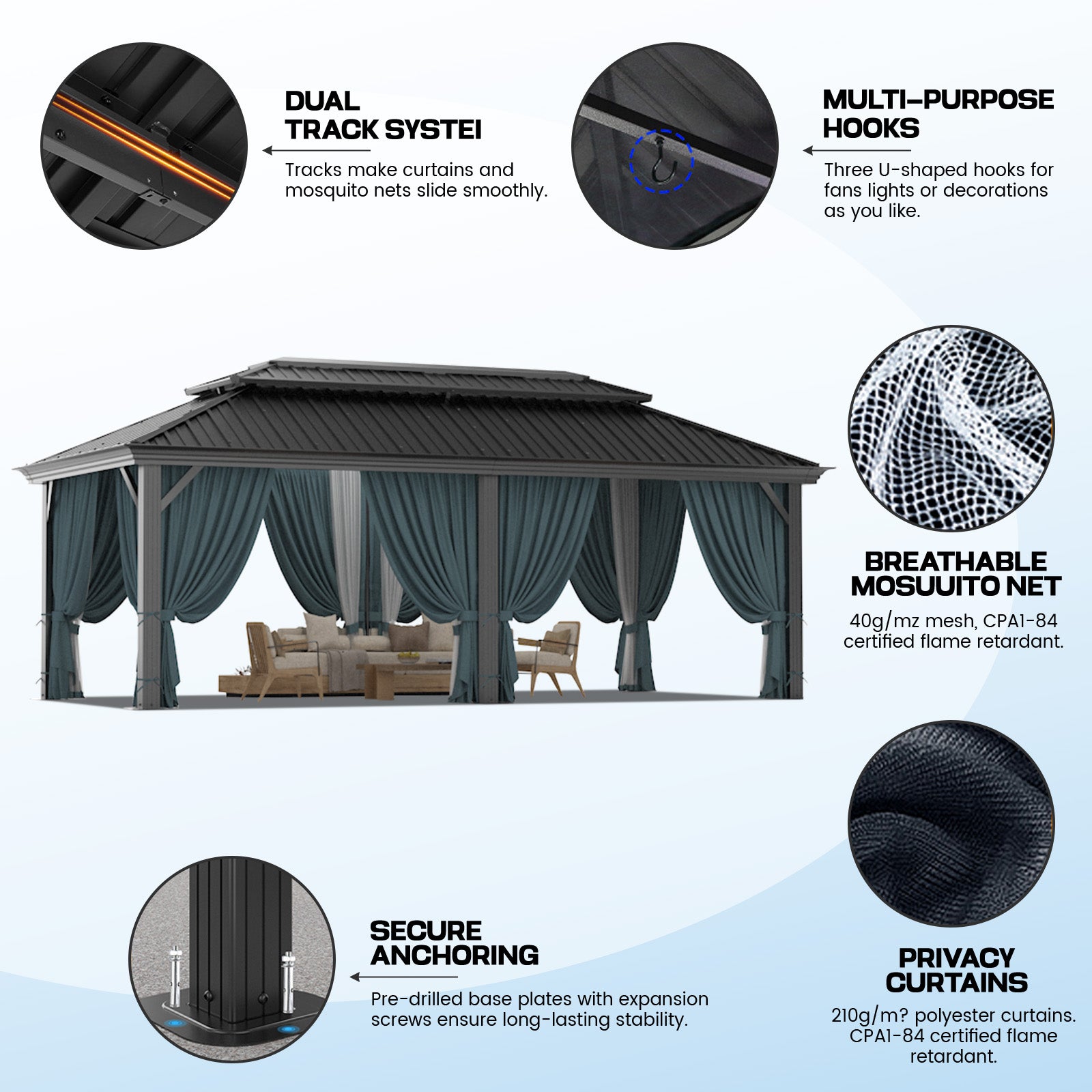 COBIZI 12'x20'  Heavy Duty Double HardTop Gazebo with Privacy Curtains & Netting, SPC91