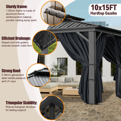 COBIZI 10'x15'  Heavy Duty Hard Top Gazebo with Curtains & Netting, Black SPC274