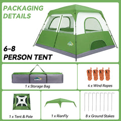 6-8 Person Camping Tent, Easy Setup Waterproof Windproof Backpacking Tent with Removable Rainfly, Lightweight Portable Outdoor Family Tents for Camping, Travel, Fishing, Hiking