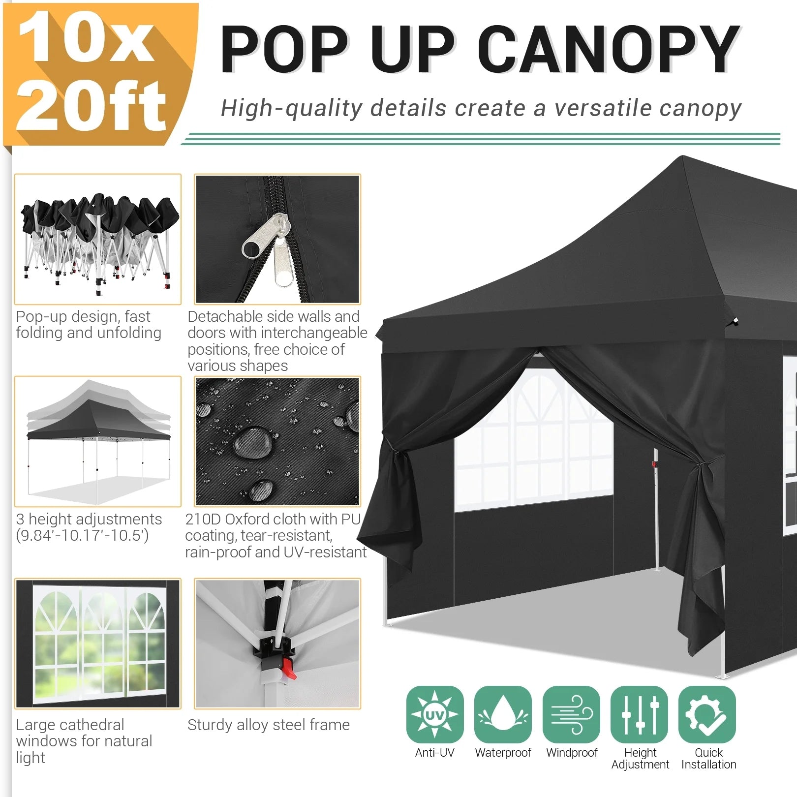 HOTEEL 10'x20' Pop up Canopy Tent with 6 Removable Sidewalls, Instant Outdoor Canopy Shelter with Upgrade Raised Roof and Carry Bag,Black