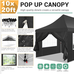 HOTEEL 10'x20' Pop up Canopy Tent with 6 Removable Sidewalls, Instant Outdoor Canopy Shelter with Upgrade Raised Roof and Carry Bag,Black