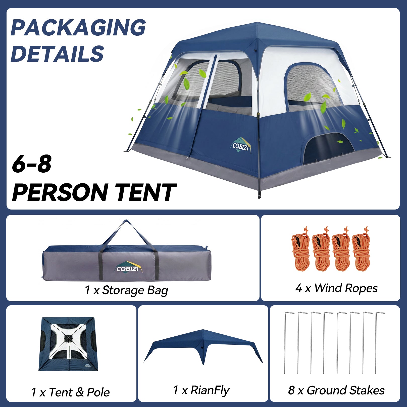 COBIZI 6-8 Person Portable  Easy Setup Camping Tent with Removable Rainfly, 10'x9' SPC000298
