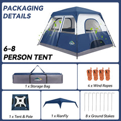 6-8 Person Camping Tent, Easy Setup Waterproof Windproof Backpacking Tent with Removable Rainfly, Lightweight Portable Outdoor Family Tents for Camping, Travel, Fishing, Hiking