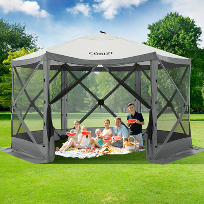 Hoteel 12x12ft Pop-up Gazebo EZ Set-up Camping Canopy Tent with 6 Sides Mosquito Netting, Waterproof, UV Resistant, Portable Screen House Room, Outdoor Party Tent with Carry bag, Ground Spike, Khaki
