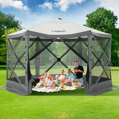 Hoteel 12x12ft Pop-up Gazebo EZ Set-up Camping Canopy Tent with 6 Sides Mosquito Netting, Waterproof, UV Resistant, Portable Screen House Room, Outdoor Party Tent with Carry bag, Ground Spike, Khaki