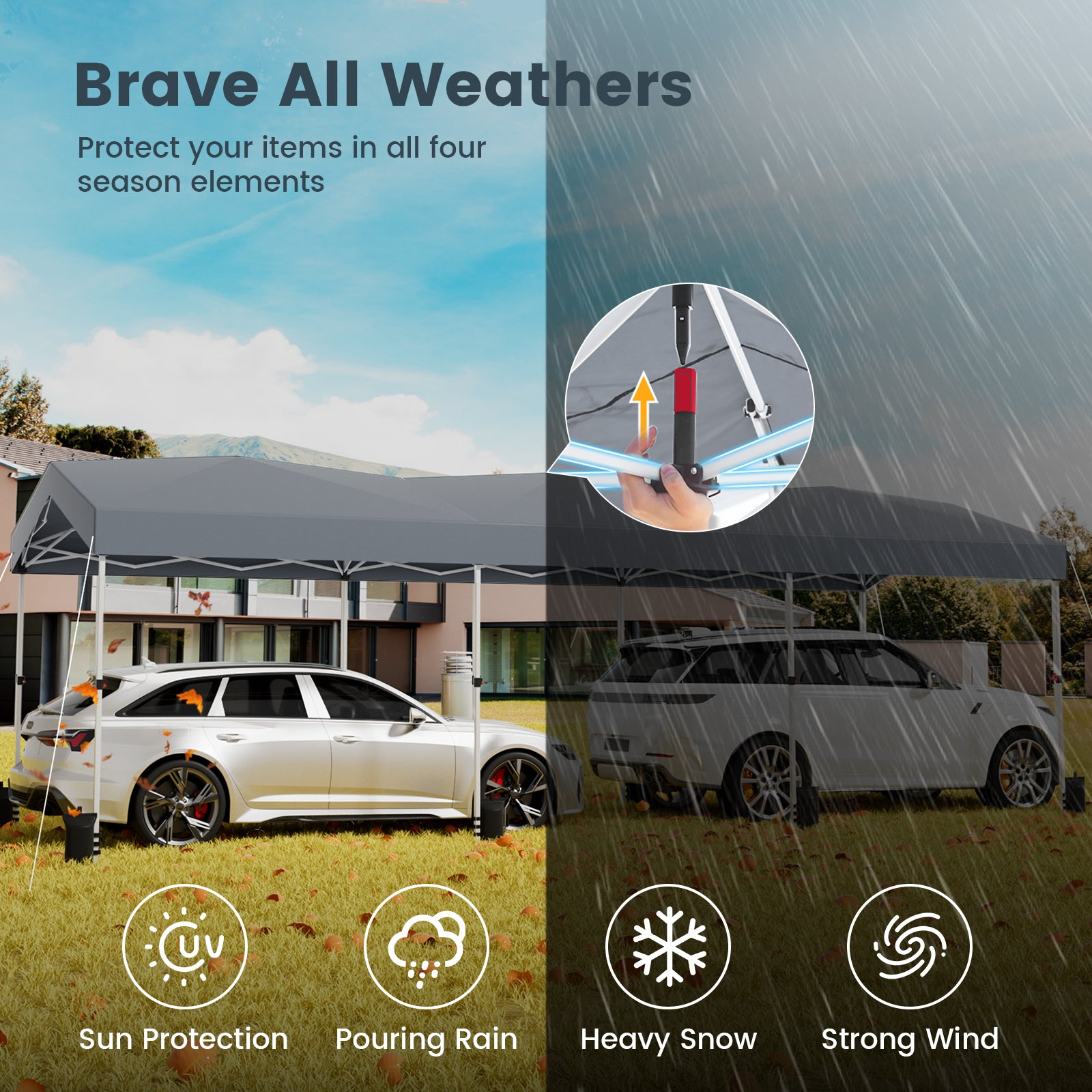 COBIZI 10'x30' Pop Up Canopy-Easy Up Carport Canopy with One Push Setup-Outdoor Sun Shade&Waterppof Tent for Parties, Camping, Events-with 3 Sidewalls,Wheel Bag,4 Weight Bags,4 Ropes& 12 Stakes
