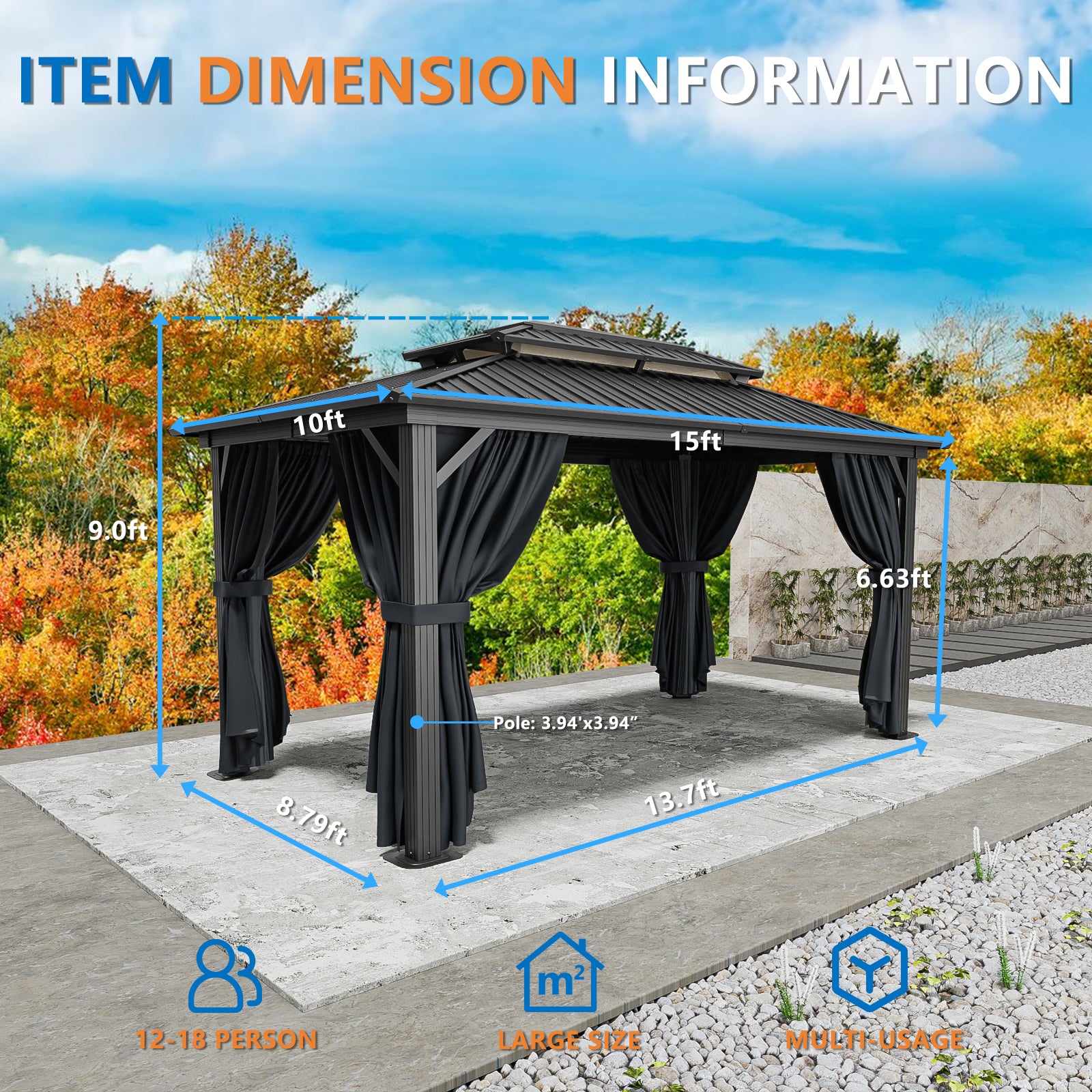 COBIZI 10'x15' Hardtop Gazebo with Heavy Duty Galvanized Steel Metal Roof, Patio Hard Top Gazebo with Curtains & Netting, Black SPC000274