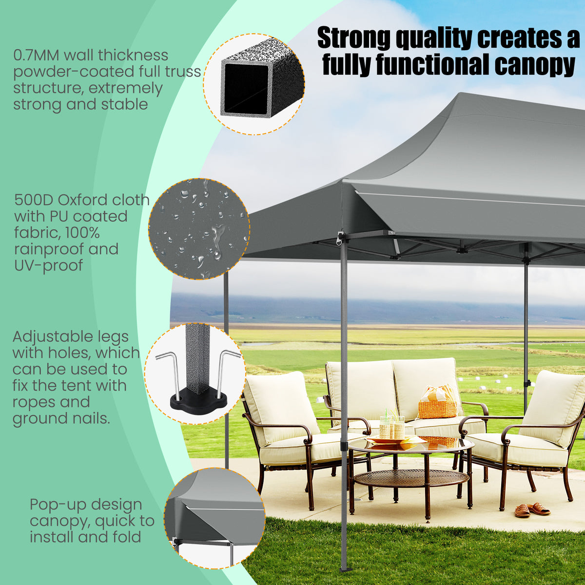 COBIZI 10x20 Heavy Duty Pop up Canopy Tent, Waterproof Outdoor Event Shelter with Extended Awning, UPF 50+, Instant Set up, Roller Bag, Gray