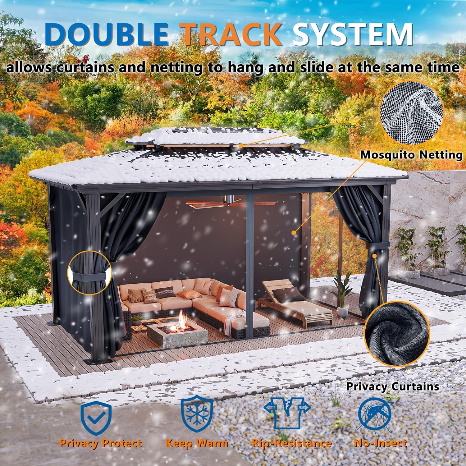 10' x 12' Heavy-Duty Hardtop Gazebo, Galvanized Steel Double-Layer Roof, Hot Tub Gazebo, with Fire-Resistant Curtains and Mesh, Aluminum Frame Outdoor Canopy, Suitable for Patios and Parties