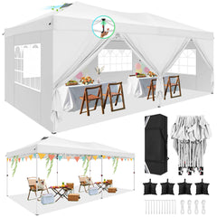 COBIZI 10' x 20' pop-up patio umbrella with side walls, waterproof canopy tent with reinforced poles, easy to set up, includes sandbags, suitable for backyards, camping, weddings, and more