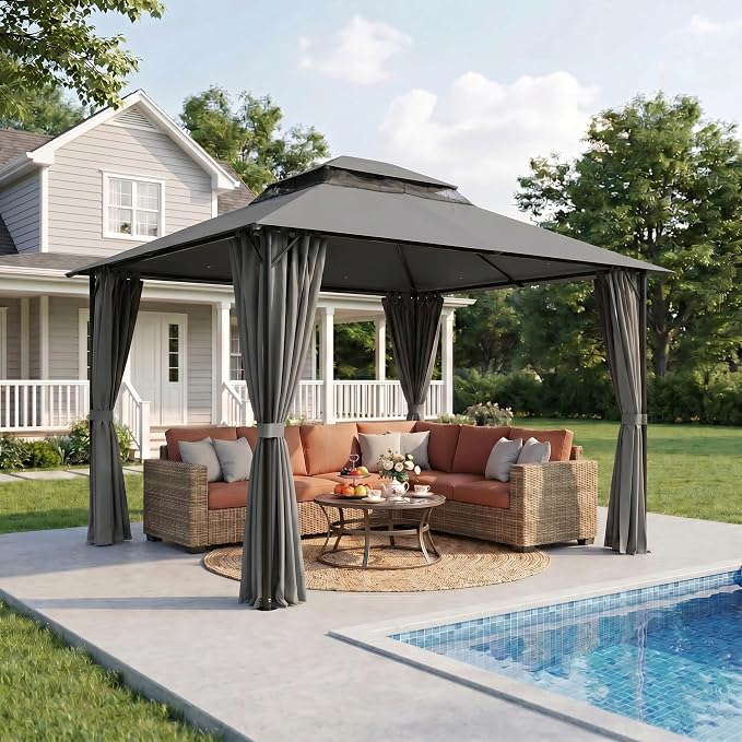 COBIZI 12'x20' Patios Gazebos with 4 Sidewalls & Double Soft Roof, Khaki SPC307