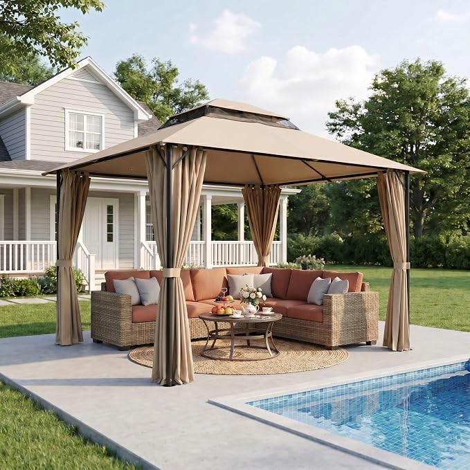 COBIZI 12'x20' Patios Gazebos with 4 Sidewalls & Double Soft Roof, Khaki SPC307