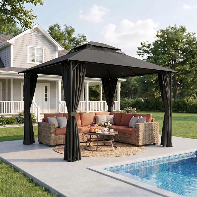 COBIZI 12'x20' Patios Gazebos with 4 Sidewalls & Double Soft Roof, Khaki SPC307