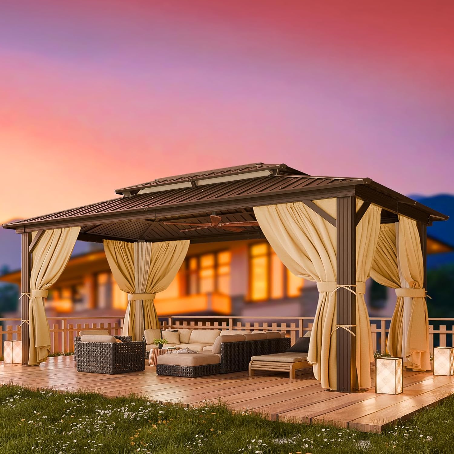10' x 12' Heavy-Duty Hardtop Gazebo, Galvanized Steel Double-Layer Roof, Hot Tub Gazebo, with Fire-Resistant Curtains and Mesh, Aluminum Frame Outdoor Canopy, Suitable for Patios and Parties