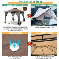 COBIZI 10'x10'Canopy with Mosquito Netting,Shade Tent for Party, Outdoor Activities, Backyard, Patio Lawn & Garden,Brown