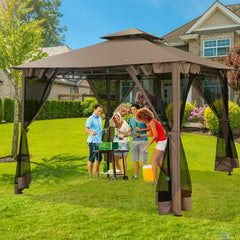 COBIZI 10'x10'Canopy with Mosquito Netting,Shade Tent for Party, Outdoor Activities, Backyard, Patio Lawn & Garden,Brown
