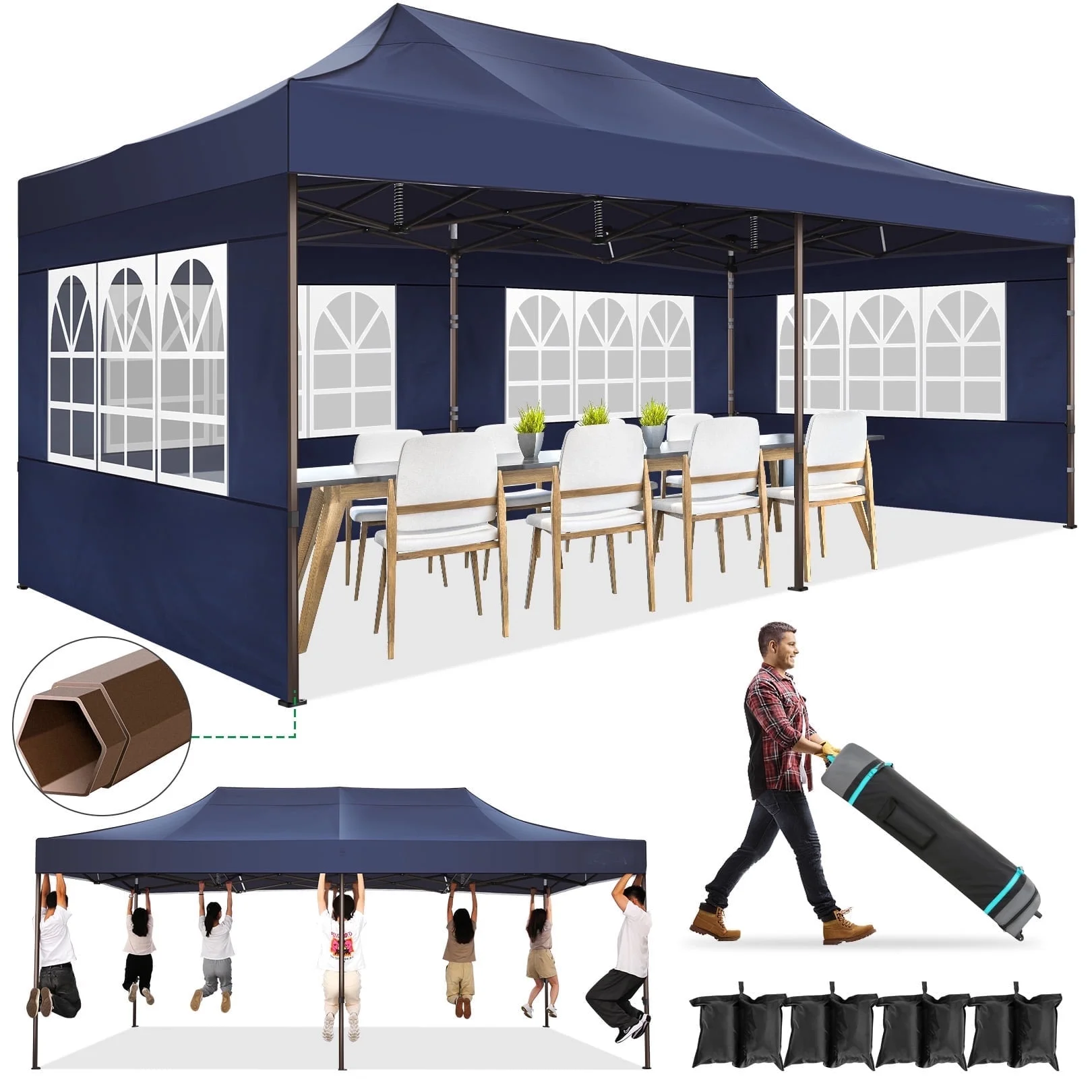 HOTEEL 13x26 Heavy Duty Pop Up Canopy,Instant Outdoor Gazebo with 6 Sidewalls, Commercial Grade Party Tent for Wedding Events, Hexagonal Frame,Black