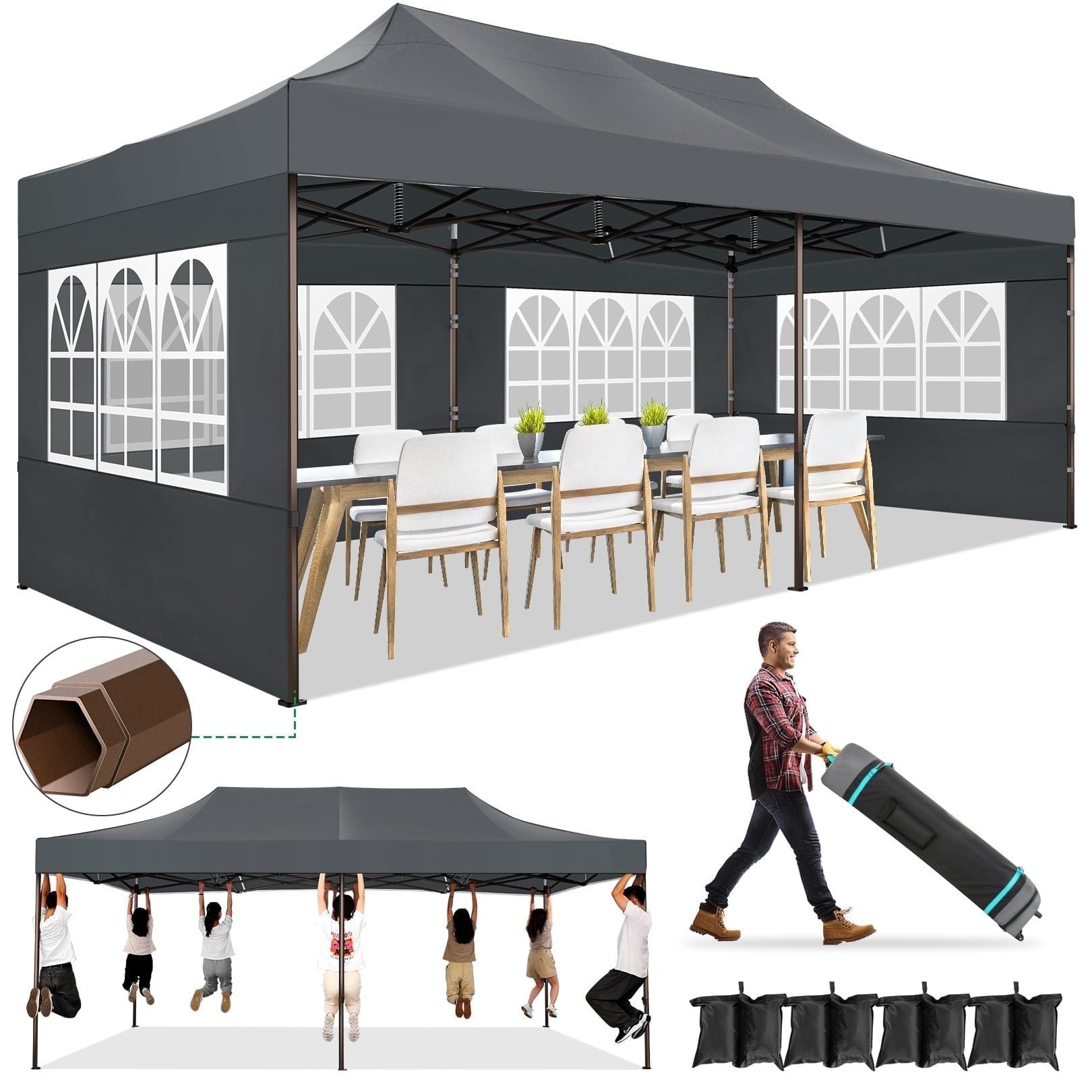 HOTEEL 13x26 Heavy Duty Pop Up Canopy,Instant Outdoor Gazebo with 6 Sidewalls, Commercial Grade Party Tent for Wedding Events, Hexagonal Frame,Black