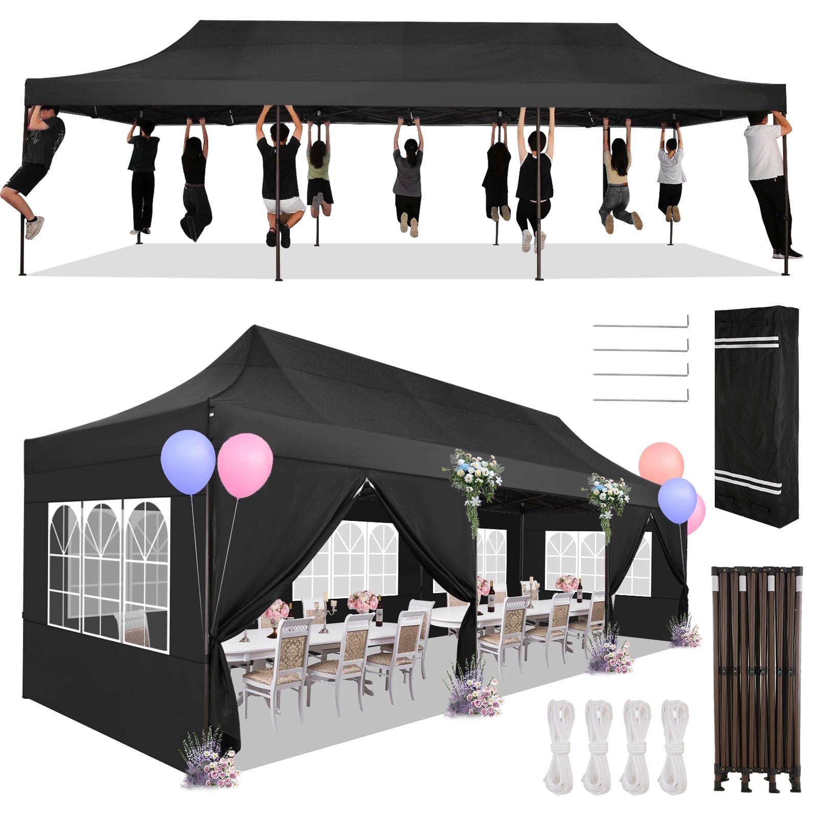 HOTEEL 13x26 Heavy Duty Pop Up Canopy,Instant Outdoor Gazebo with 6 Sidewalls, Commercial Grade Party Tent for Wedding Events, Hexagonal Frame,Black