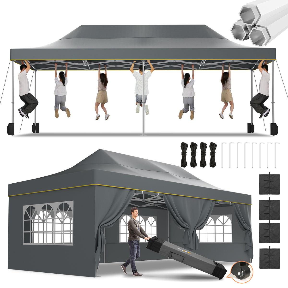HOTEEL 13x26 Heavy Duty Pop Up Canopy,Instant Outdoor Gazebo with 6 Sidewalls, Commercial Grade Party Tent for Wedding Events, Hexagonal Frame,Black