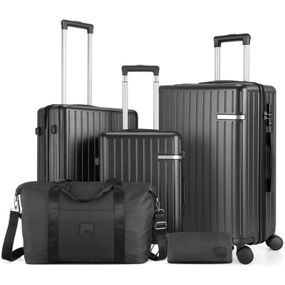 Hoteel 3 Piece Luggage Set,ABS+PC Hardside Suitcase with TSA Lock Spinner Wheels,5 PCS Carry On Travel Luggage with Duffel Bag and Toiletry Bag.(Black)