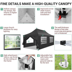 HOTEEL 10'x20' Pop up Canopy Tent with 6 Removable Sidewalls, Instant Outdoor Canopy Shelter with Upgrade Raised Roof and Carry Bag,Black