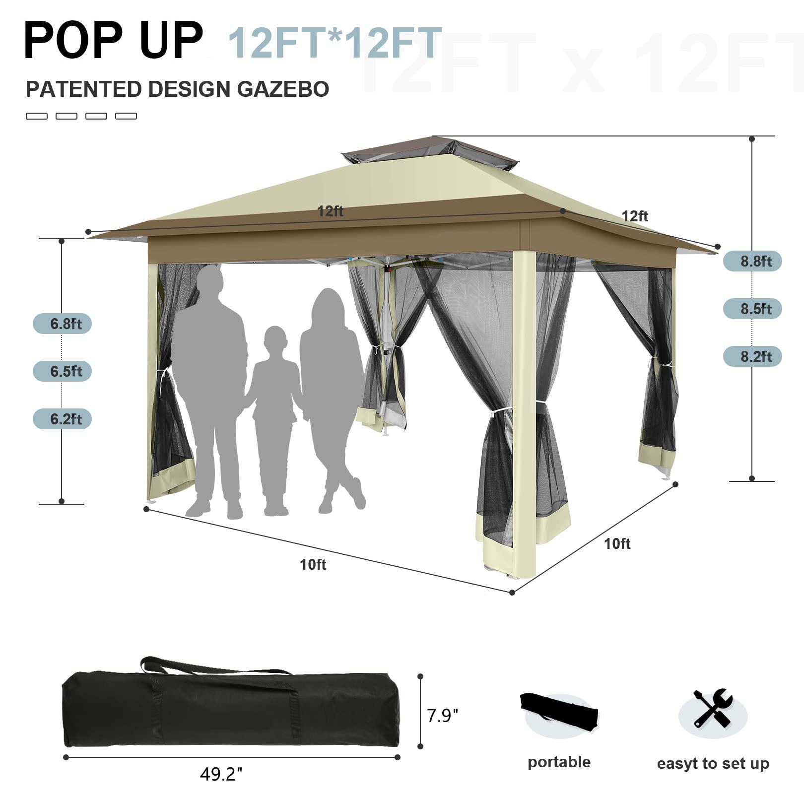 COBIZI 12'x12' Outdoor Gazebo Pop Up Gazebo Canopy with Mosquito Netting Patio Tent Backyard Canopy with 2-Tiered Vented Top 3 Adjustable Height