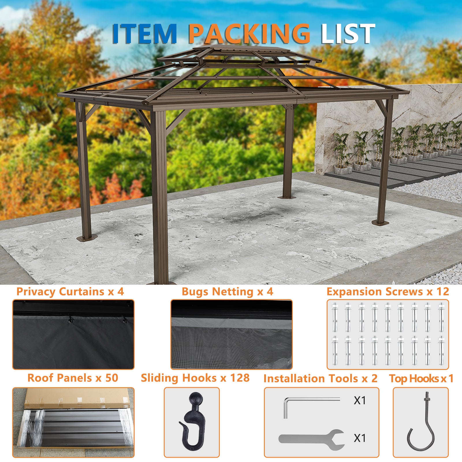 COBIZI 10'x15' Hardtop Gazebo with Heavy Duty Galvanized Steel Metal Roof, Patio Hard Top Gazebo with Curtains & Netting, Brown SPC000274